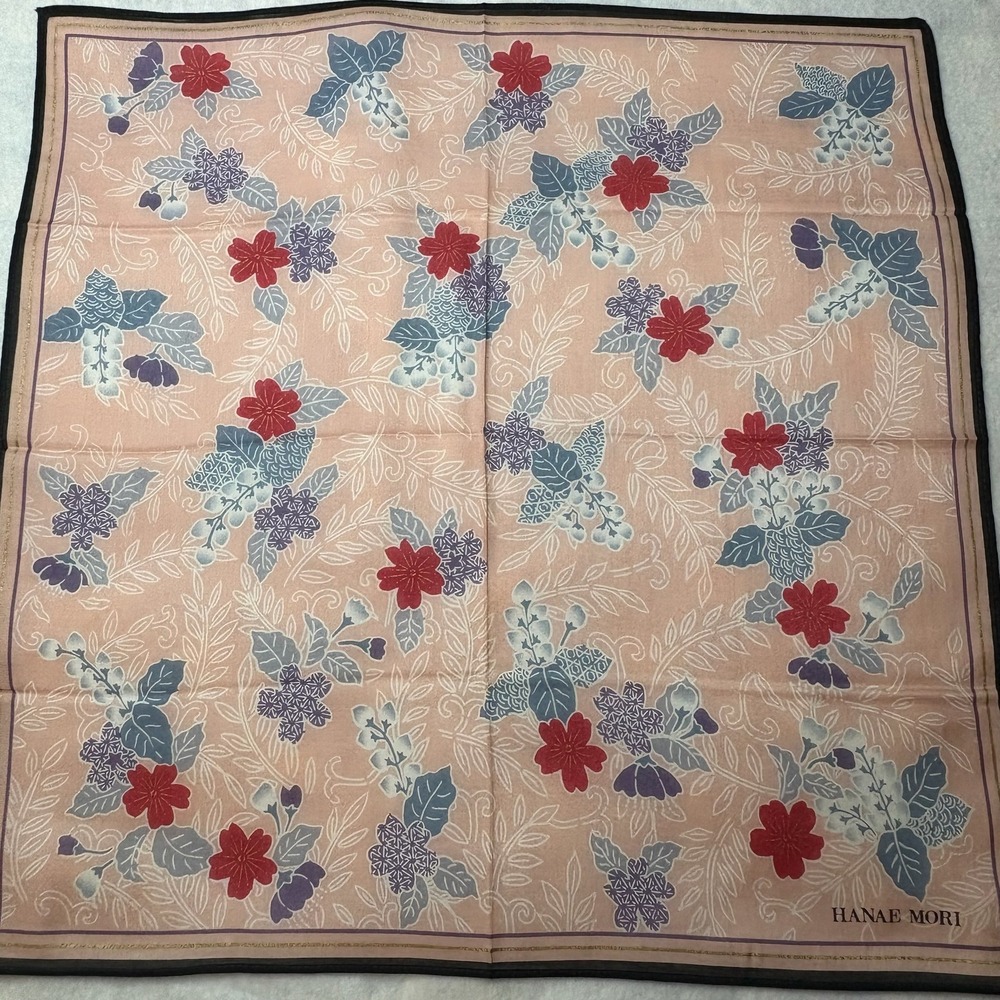 Vtg HANAE MORI Scarf Handkerchief Floral Blossom Cotton Peach Red Blue 16.5"